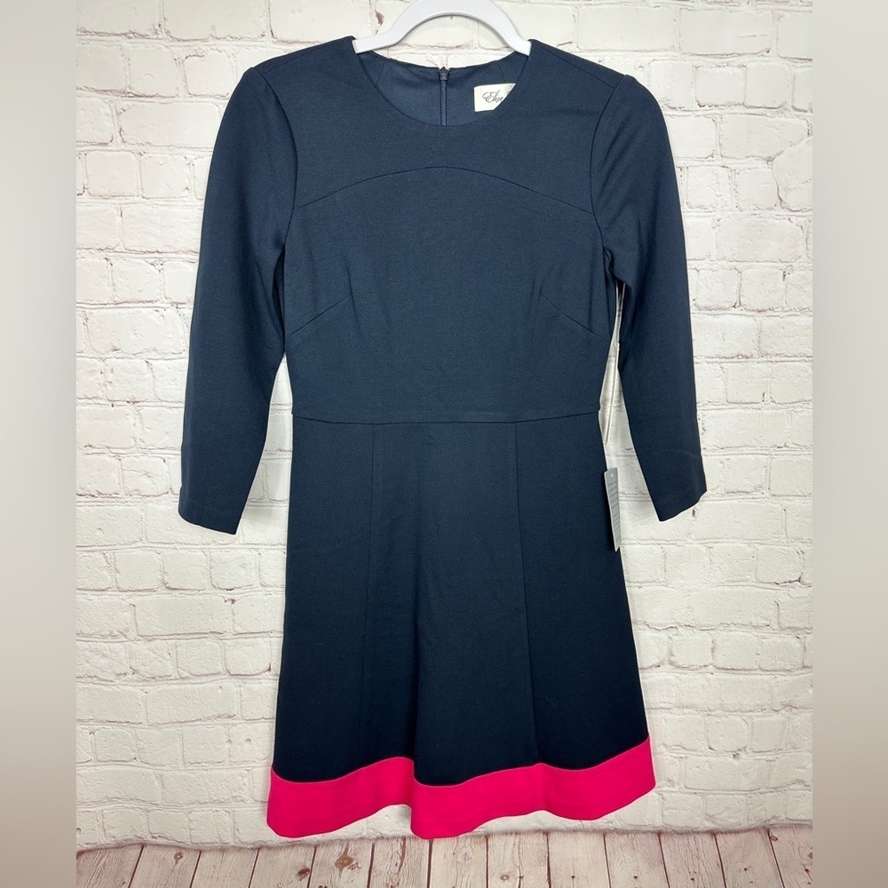 ELIZA J Blue Pink‎ 3/4 Sleeve fit flare knee length rayon knit dress 4P NWT $138
